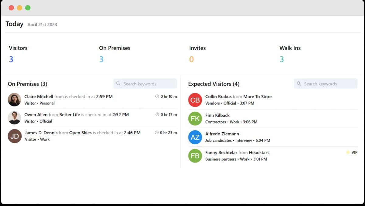 Visitor management dashboard for warehouse